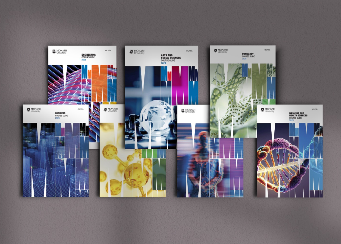A coordinated family of colourful course guide brochures