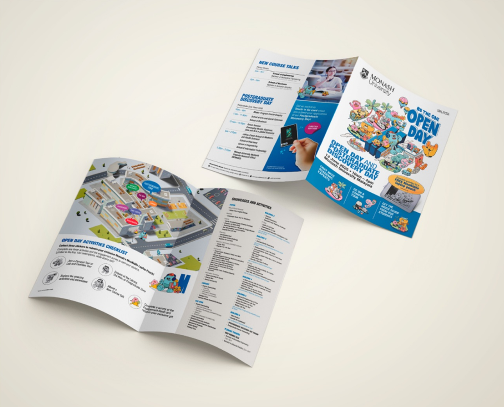 Colourful event flyers presented as folded print pieces