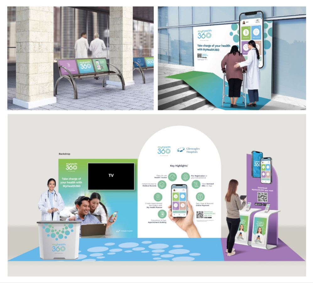 Outdoor branding applied across seating, displays and an activation area