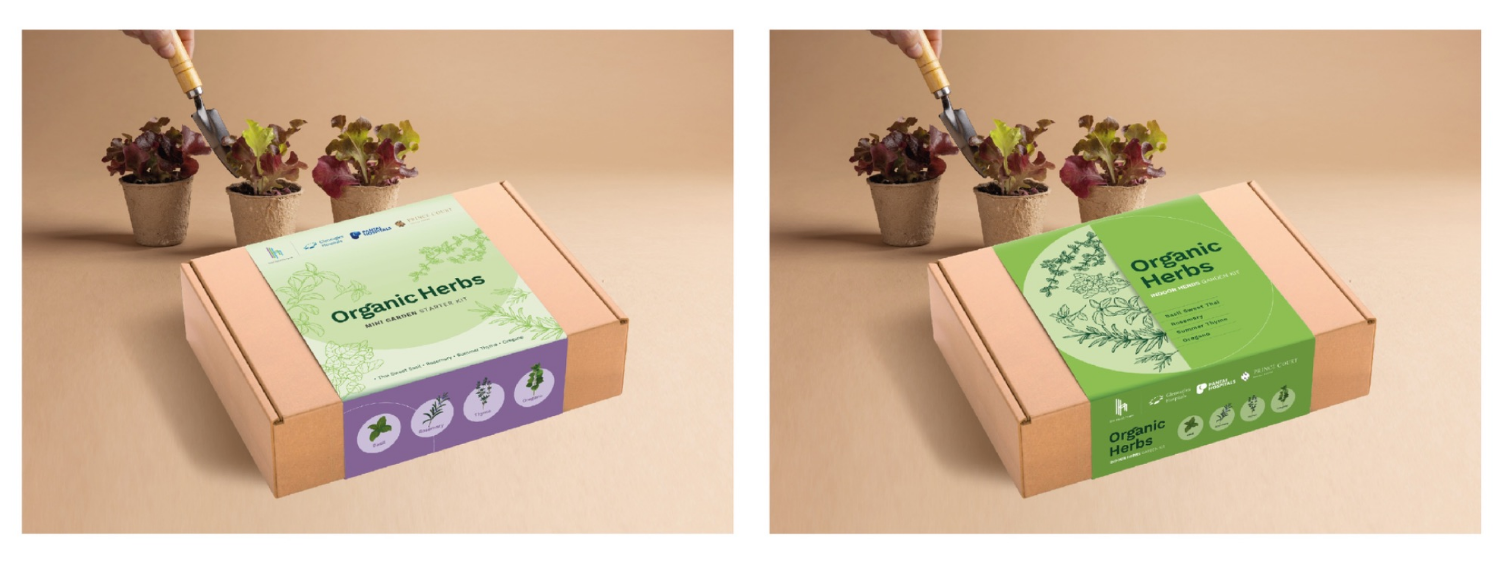 Two organic herb growing kits in kraft packaging