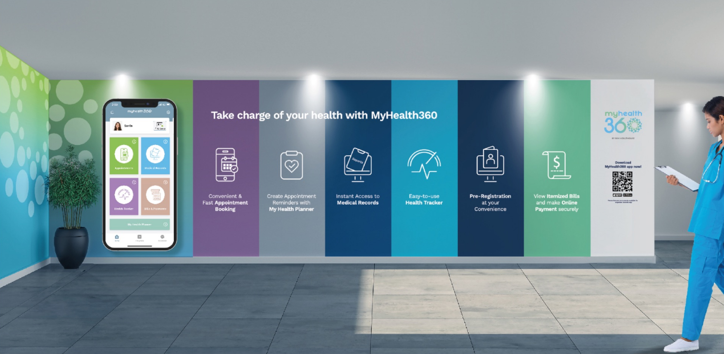 A large branded wall installation for a healthcare app