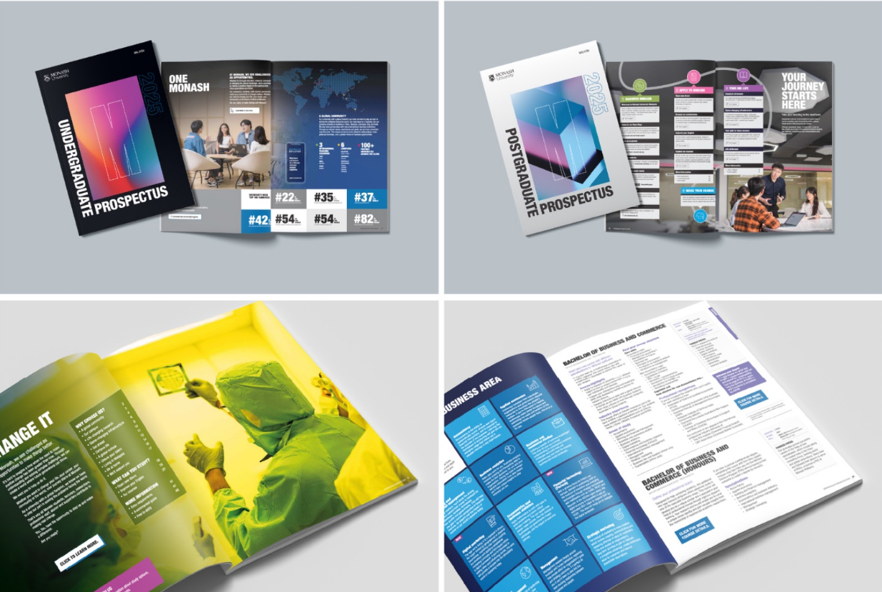 A brochure system shown across covers and interior spreads