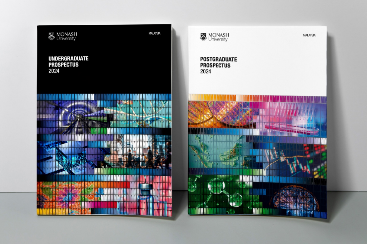 Two dark editorial brochure covers displayed upright